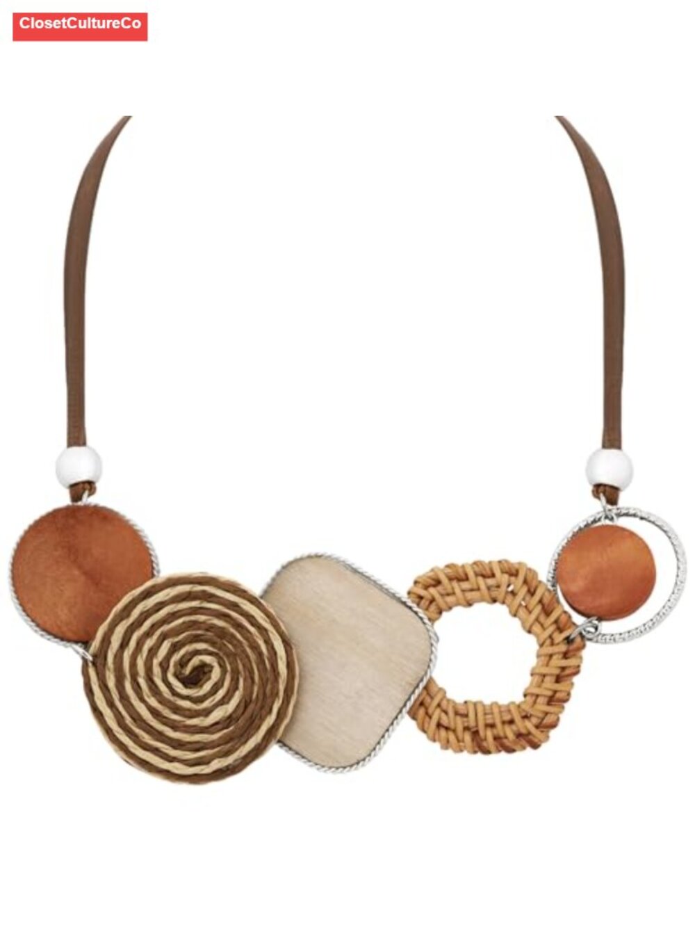 Handmade Braided Wood Bead Rattan Pendant Necklace Vintage Style
